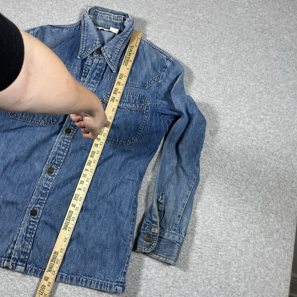 Vintage Levis Shirt Mens Small Blue Denim Western Orange Tab 70s Button Up Read - Picture 3 of 14